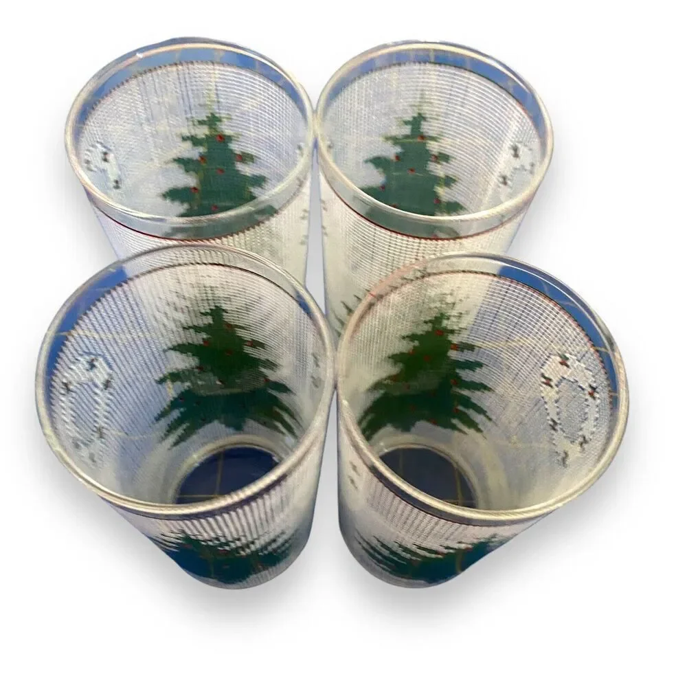 Vintage 4 pc CULVER Needlepoint Holiday Christmas Tree Glasses Highball Tumbler